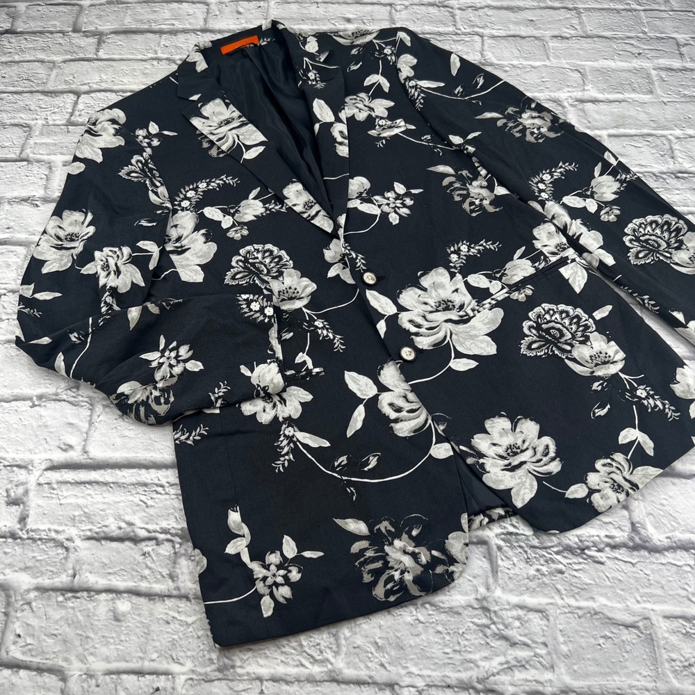 Tallia Mens Blazer Floral Black White Linen Blend 42L Floral Print Sport Coat